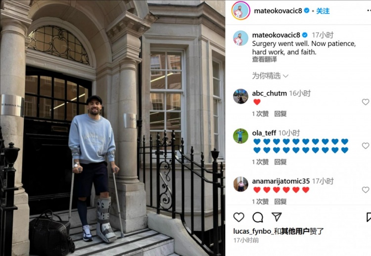 科瓦西奇社媒曬照報平安，順利接受跟腱手術預計將傷缺3個月