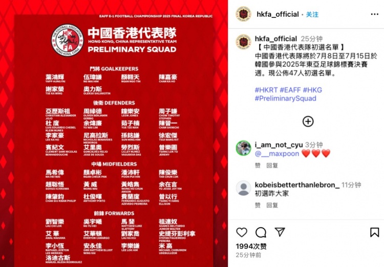 中國香港隊東亞杯47人初選名單：12人來自中超中甲，陳晉一領(lǐng)銜