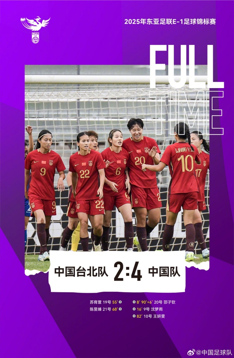 中國女足4-2戰(zhàn)勝中國臺北女足，取本屆東亞杯首勝
