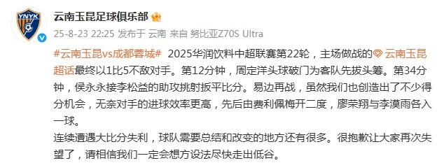 連續(xù)慘??！玉昆官方致歉：讓大家再次失望了，一定會盡快走出低谷