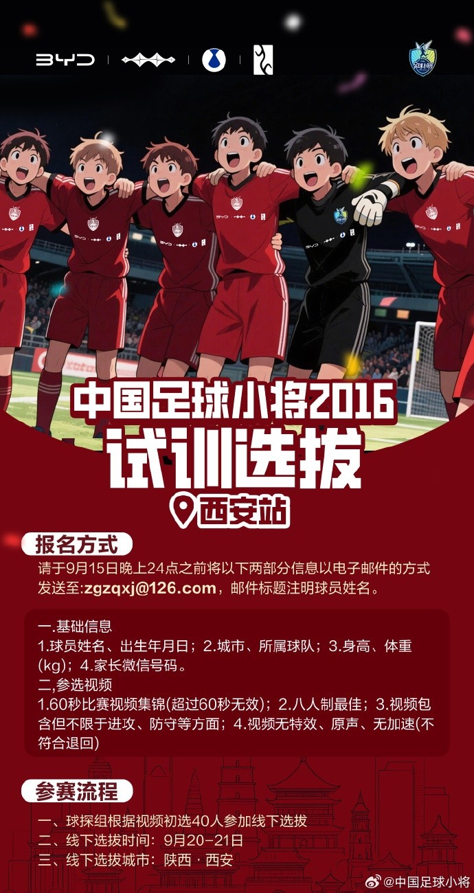 中國足球小將打造卓越2016球隊，首站試訓選拔即將在西安開啟