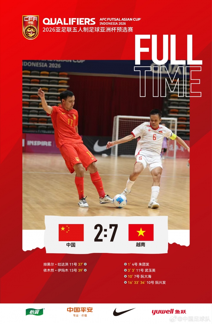 2026五人制亞洲杯預(yù)賽E組第二輪，中國(guó)隊(duì)2比7負(fù)于越南隊(duì)